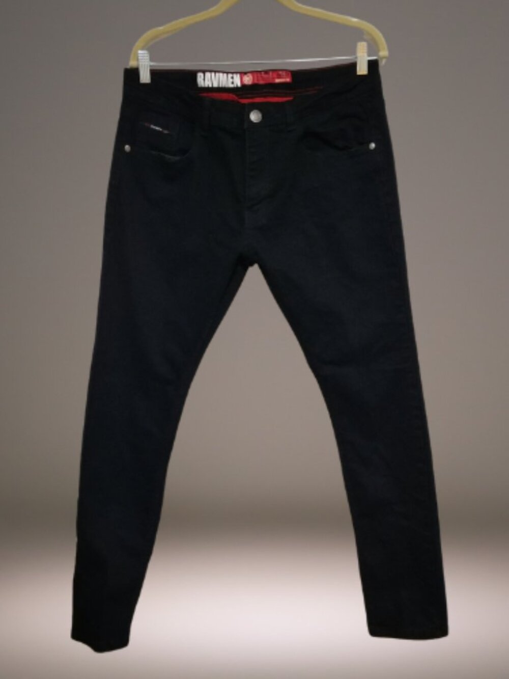 Ravmen Men’s 34 Black Slim Tapered Jeans Red Contrast Stitch Limited Edition